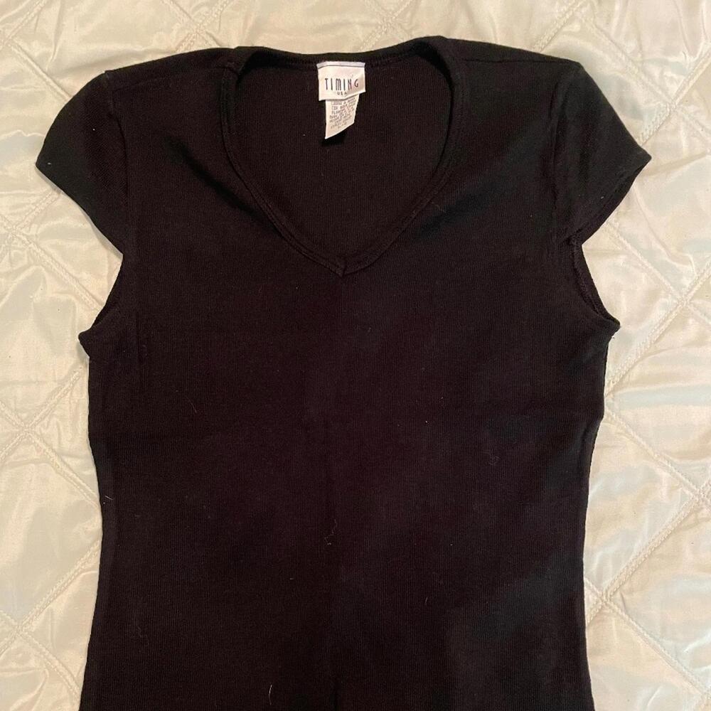 MADE IN USA! Y2K Black Simple T-Shirt V Neck Cotton L Comfy Office Cap Sleeves
